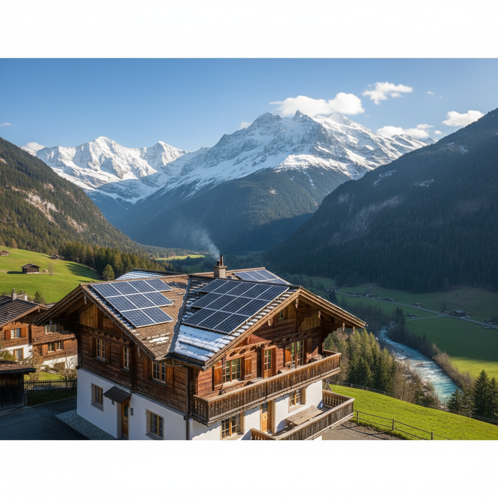 Schweizer Chalet mit Solaranlage in den Alpen