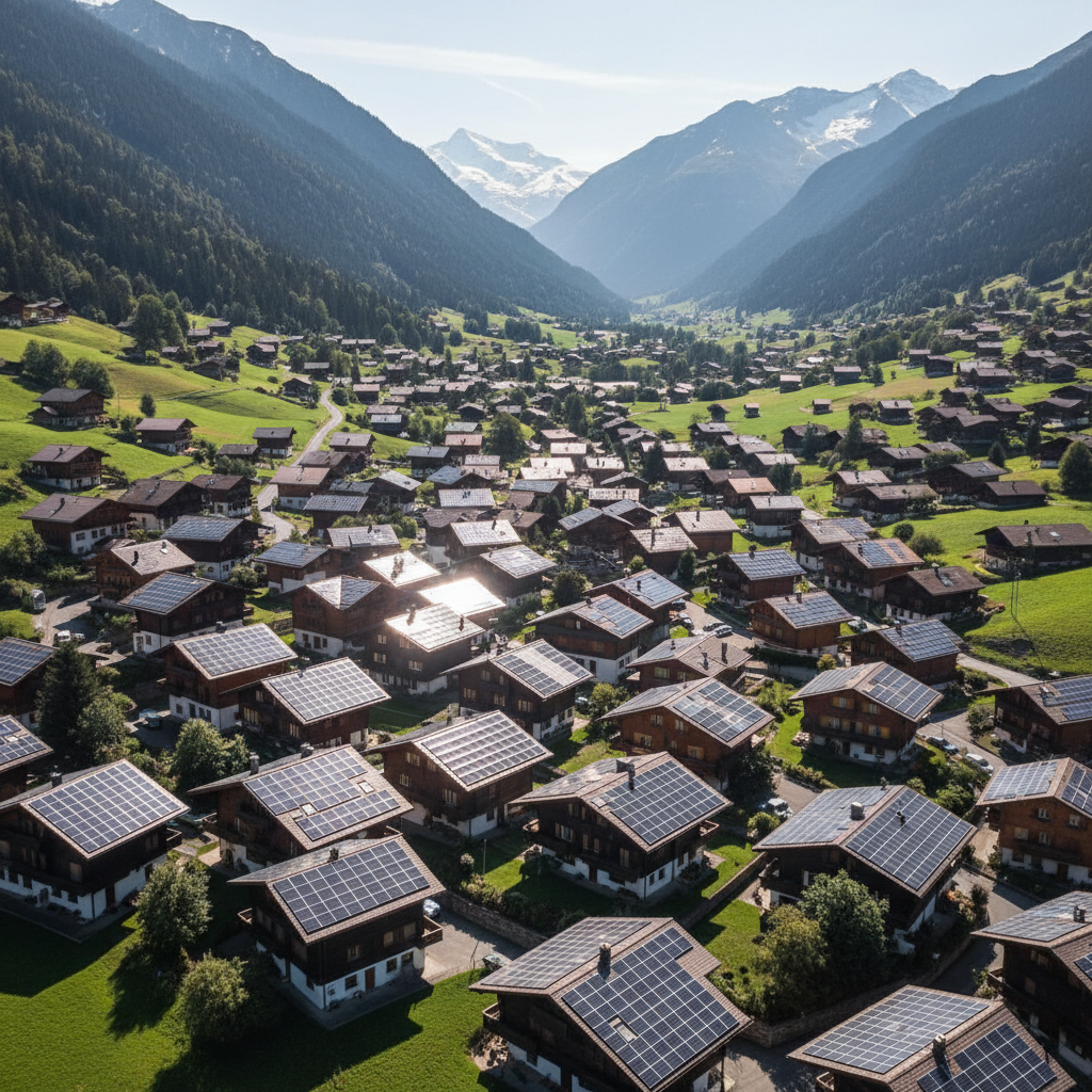 Schweizer Bergdorf mit Solaranlagen aus der Luft